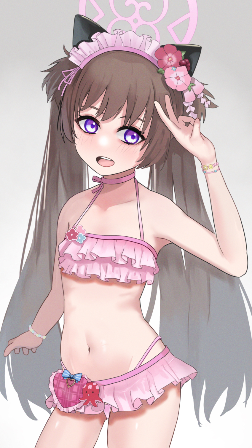 1girl, bikini, blue_archive, bracelet, brown_hair, choker, commentary, flower, frilled_bikini, frills, gradient_background, hair_flower, hair_ornament, halo, highleg, highleg_panties, highres, jewelry, navel, numaduke, open_mouth, panties, pink_bikini, pink_choker, pink_flower, pink_halo, pink_panties, purple_eyes, shizuko_(blue_archive), shizuko_(swimsuit)_(blue_archive), solo, stomach, swimsuit, teeth, tongue, twintails, underwear, upper_teeth_only, v