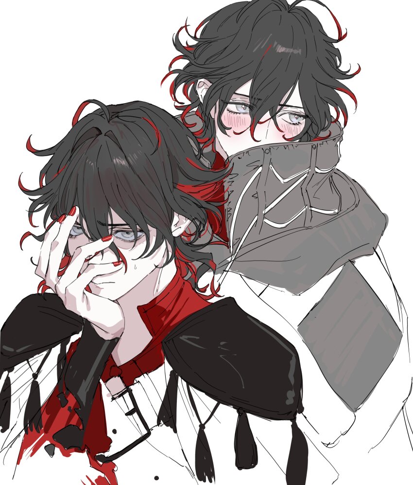 1boy, absurdres, black_hair, black_sleeves, blush, closed_mouth, colored_tips, curly_hair