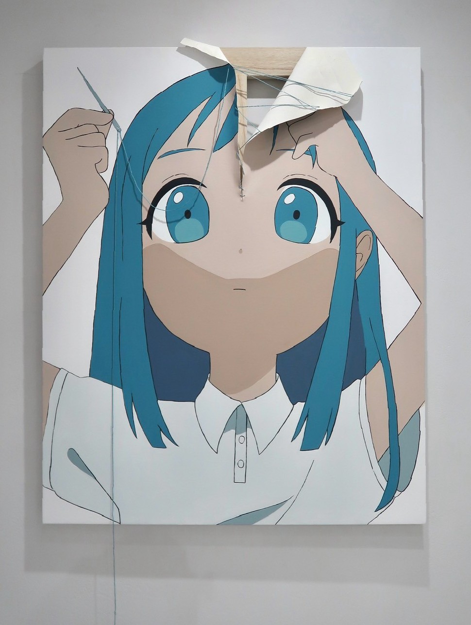 1girl, acrylic_gouache_(medium), acrylic_paint_(medium), blue_eyes, blue_hair, painting_(medium), canvas_(object), closed_mouth