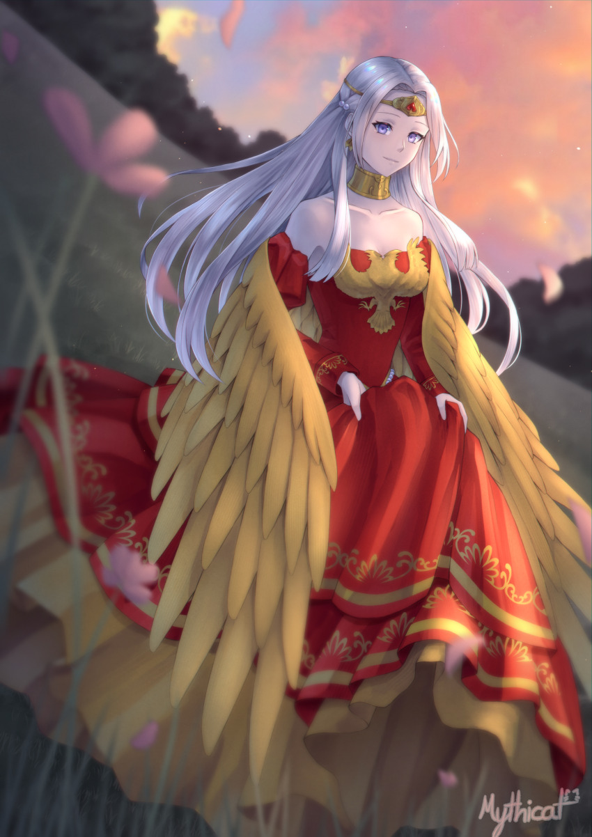 1girl, absurdres, artist_name, bare_shoulders, breasts, circlet, closed_mouth, collarbone