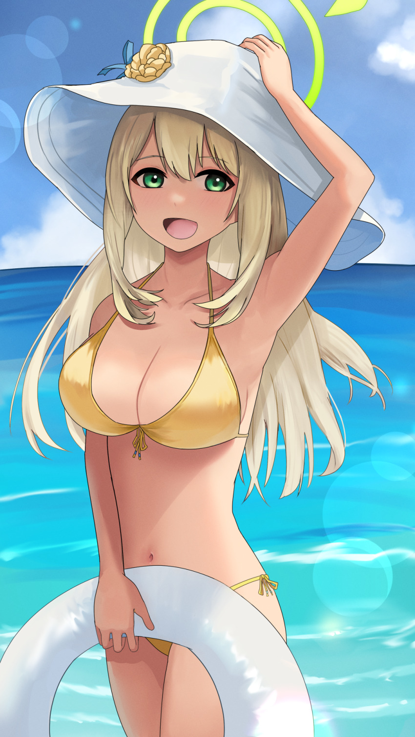 1girl, :d, armpits, bikini, blonde_hair, blue_archive, blue_sky, blurry