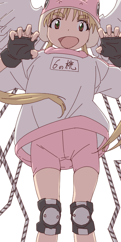 1girl, alien, alien_nine, aonori_misuji, bike_shorts, blonde_hair, fingerless_gloves, gloves