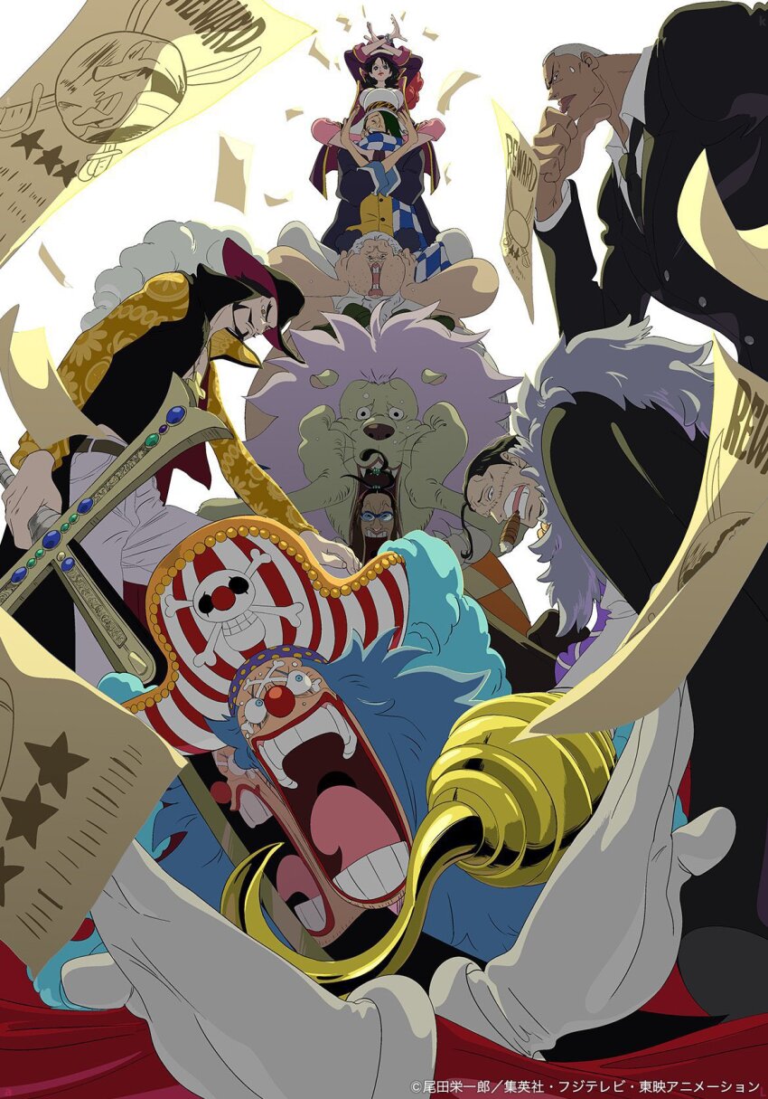 1girl, 6+boys, alvida_(one_piece), black_necktie, blue_hair, buggy_the_clown, buzz_cut, cabaji