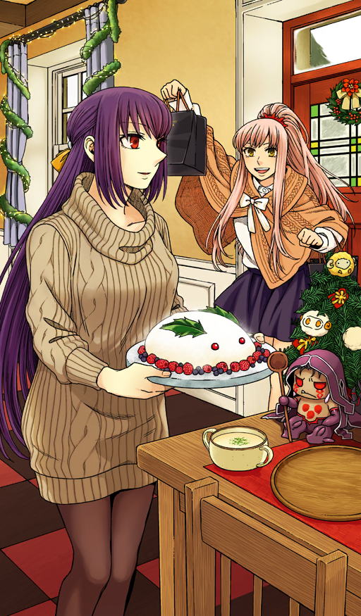 2girls, apollo_(fate), arm_up, bag, black_bag, blueberry, bow, bowl