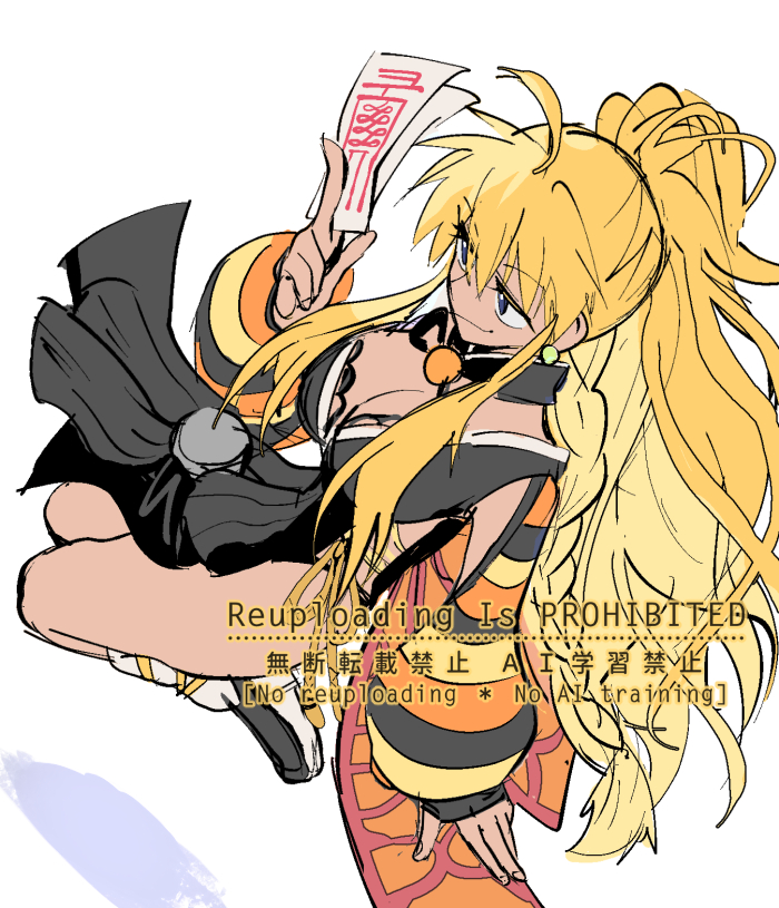 1girl, ahoge, between_fingers, black_dress, blonde_hair, blue_eyes, breasts, cleavage