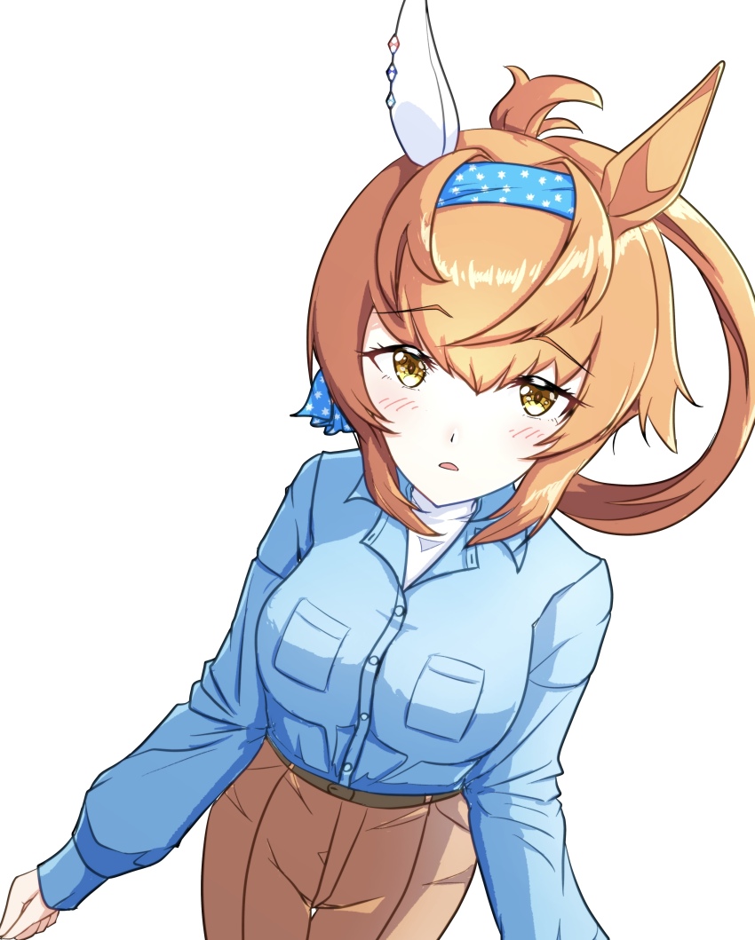 1girl, absurdres, animal_ears, blue_hairband, blue_shirt, blush, breasts, brown_hair