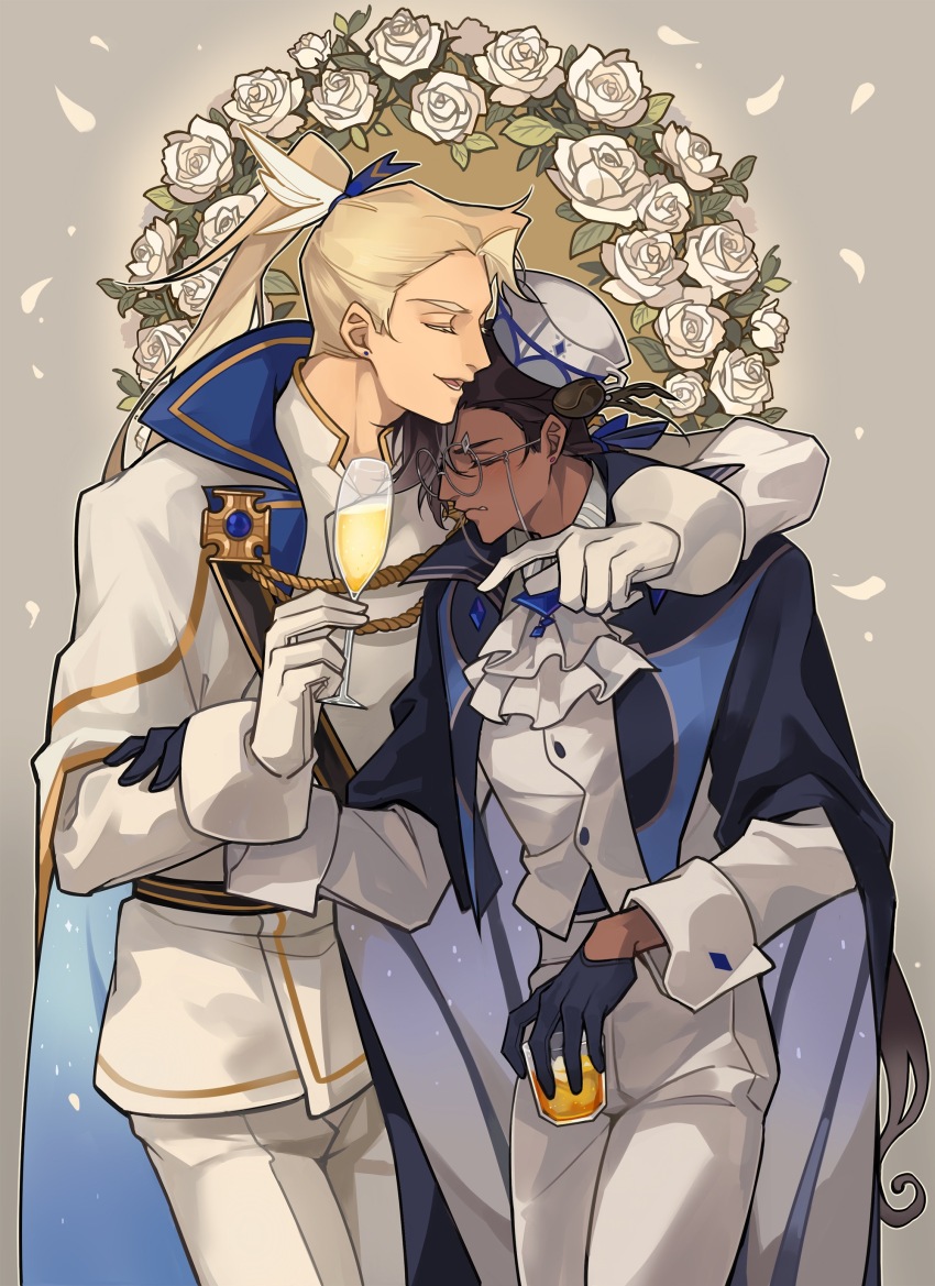 2boys, absurdres, ascot, blonde_hair, blush, brown_hair, cookie_run, dark-skinned_male