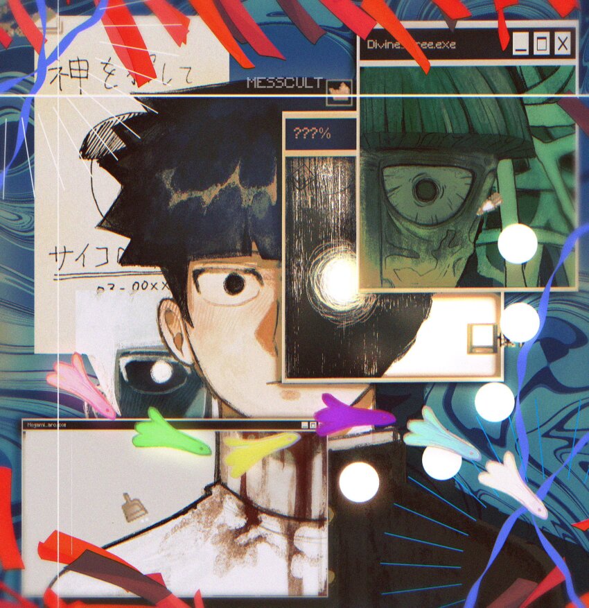 1boy, abstract, black_hair, black_suit, blood, blood_on_clothes, bowl_cut, closed_mouth, commentary, ekubo_(mob_psycho_100), english_commentary, formal_clothes, gakuran, highres, kageyama_shigeo, kageyama_shigeo_(???), looking_at_viewer, male_focus, messcult, microsoft_windows, mob_psycho_100, multiple_views, psycho_helmet, salt_middle_school_uniform, school_uniform, short_hair, solid_circle_pupils, straight-on, suit, upper_body, user_interface, white_suit, windows_95, windows_classic