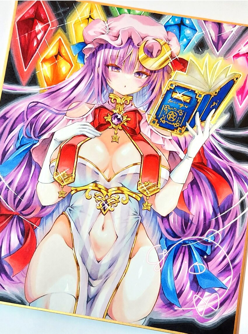 1girl, alternate_costume, bare_shoulders, book, bow, bowtie, brooch, capelet