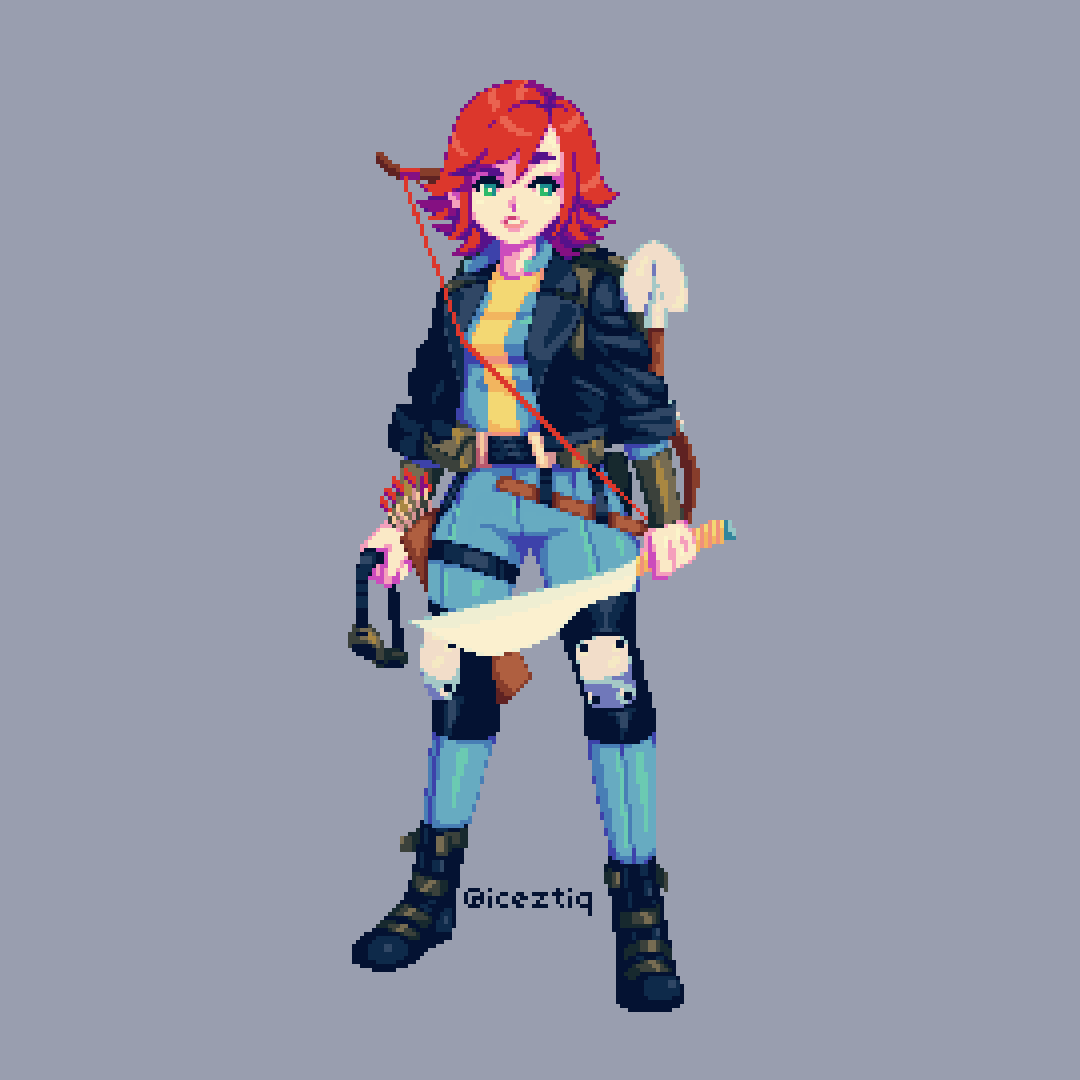 1girl, arrow_(projectile), backpack, bag, belt, boots, bow_(weapon), bracer, fallout, goggles, green_eyes, hendry_roesly, jacket, knee_pads, leather, leather_jacket, machete, pixel_art, pouch, quiver, red_hair, short_hair, shovel, signature, simple_background, smile, solo, unworn_goggles, vambraces, vault_suit, weapon