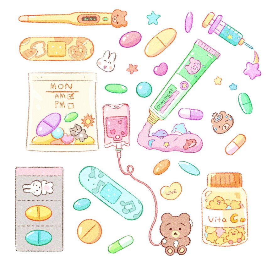 bandaid, commentary, highres, intravenous_drip, no_humans, object_focus, ointment, original