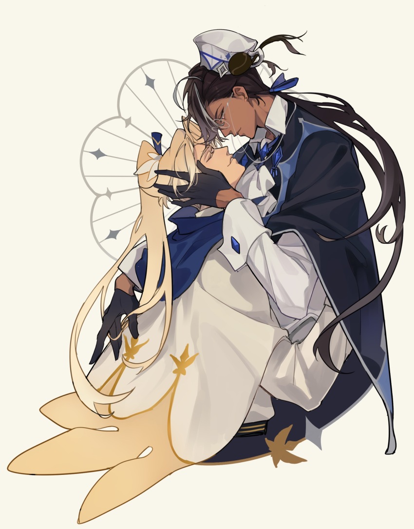 2boys, absurdres, black_coat, blonde_hair, brown_hair, coat, cookie_run, dark-skinned_male