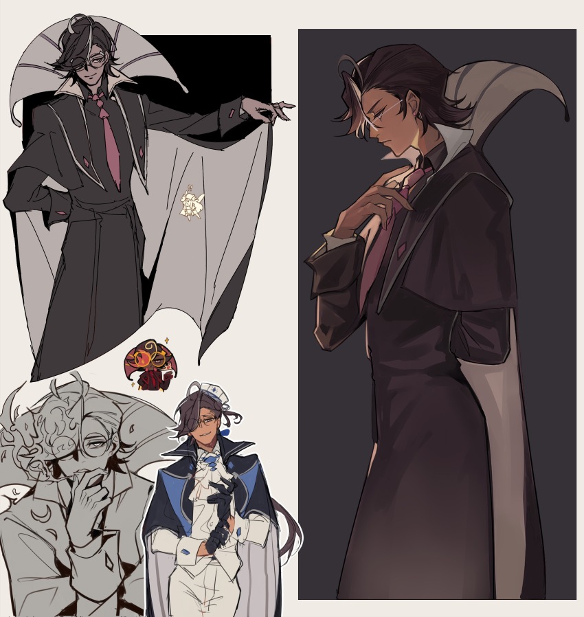 1boy, absurdres, brown_hair, cape, coat, cookie_run, cookie_run:_kingdom, dark-skinned_male, dark_skin, espresso_cookie, espresso_cookie_(roasted_to_the_char), glasses, highres, male_focus, pants, saka_wu_lu_ke_nanmin