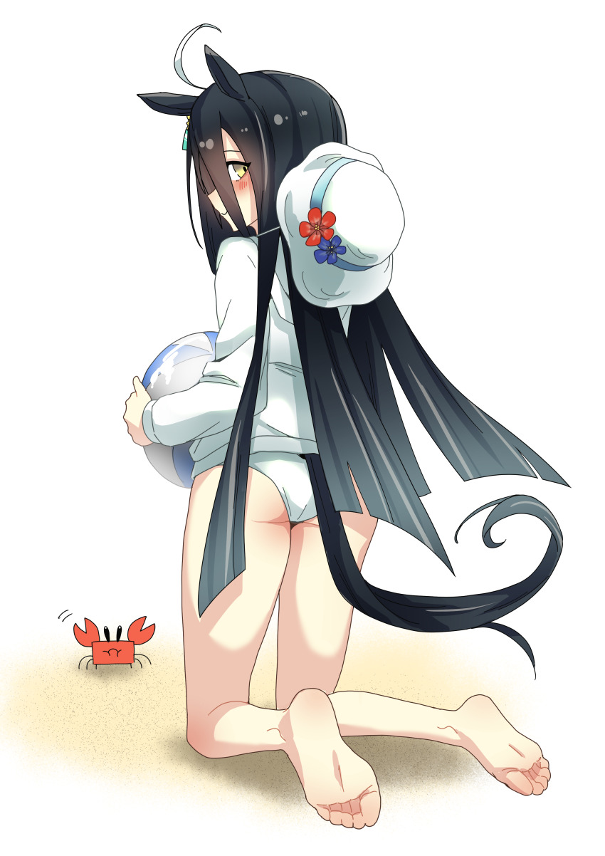 1girl, a4_(a4_eishi), absurdres, animal_ears, ass, ball, barefoot, beachball, bikini, black_hair, crab, feet, flower, foot_focus, foreshortening, from_behind, full_body, hat, hat_flower, hat_on_back, highres, holding, holding_ball, horse_ears, horse_girl, horse_tail, jacket, long_hair, looking_at_viewer, looking_back, manhattan_cafe_(tobasuze_hot_summer!)_(umamusume), manhattan_cafe_(umamusume), official_alternate_costume, panties, soles, solo, sun_hat, swimsuit, tail, toes, umamusume, underwear, white_bikini, white_hair, white_hat, white_jacket, white_panties, yellow_eyes