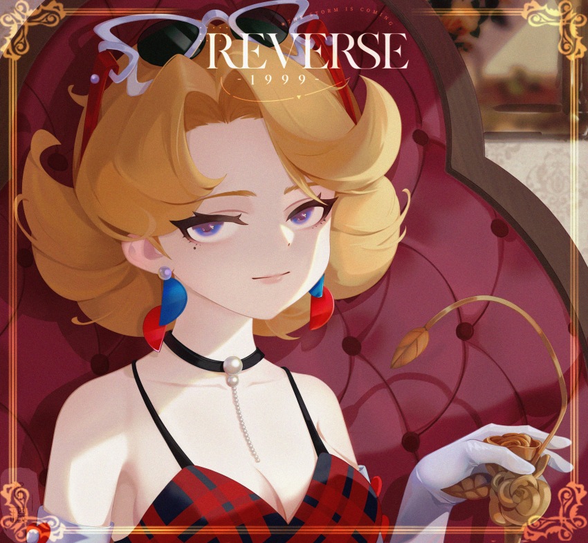 1girl, absurdres, bare_shoulders, black_choker, blonde_hair, blue_eyes, border, breasts