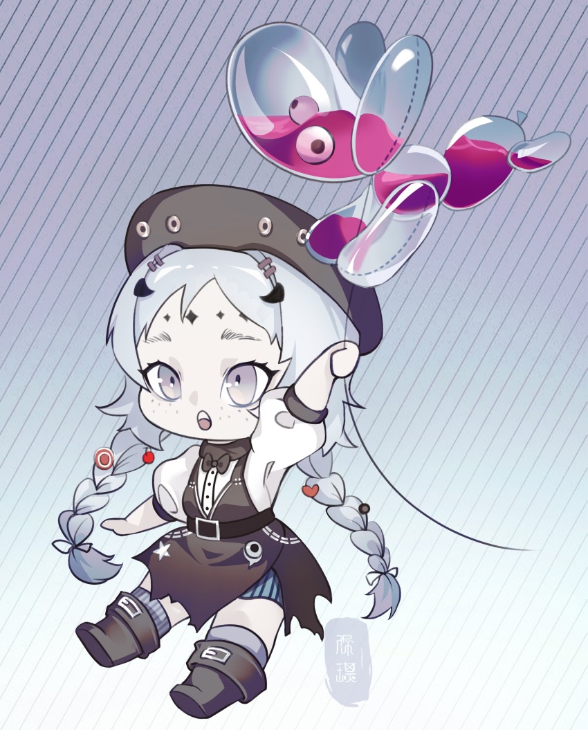 1girl, :o, absurdres, arm_up, balloon, balloon_animal, balloon_party, beret