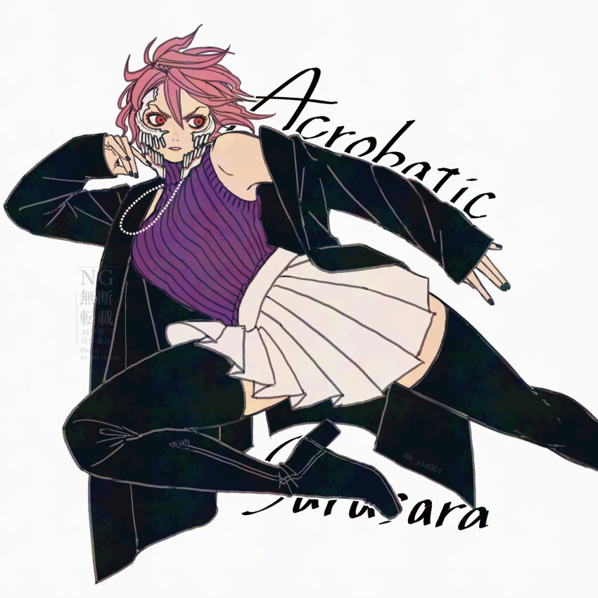 1girl, black_nails, boots, coat, dandadan, english_text, highres, k_ysd001