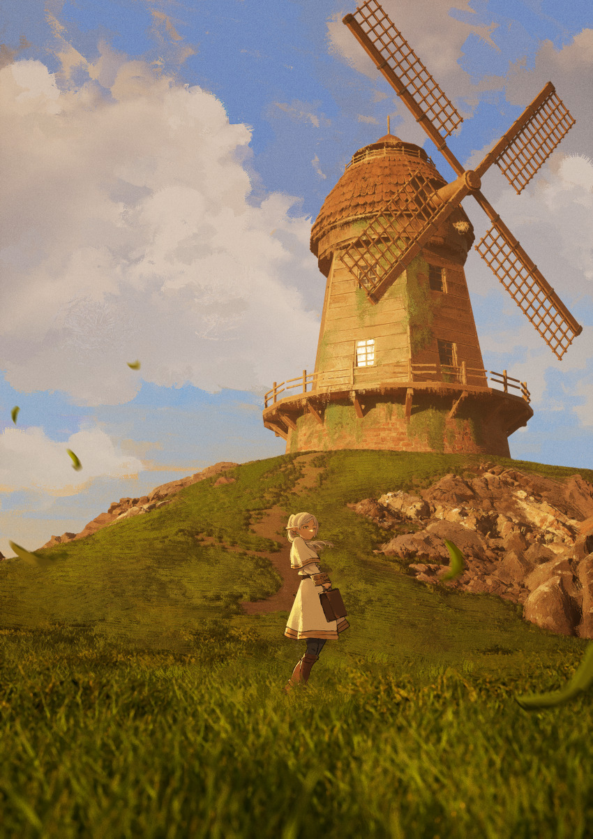 1girl, absurdres, blue_sky, building, capelet, cloud, day, elf, falling_leaves, field, frieren, fujidora_jp, grass, green_eyes, highres, holding, holding_suitcase, leaf, lighthouse, long_hair, outdoors, parted_bangs, pointy_ears, rock, scenery, sky, solo, sousou_no_frieren, standing, suitcase, twintails, white_capelet, white_hair, windmill