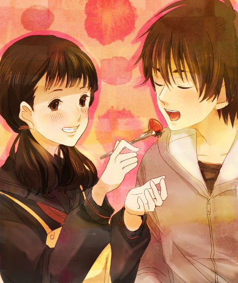 00s, black_hair, blush, brown_hair, fork, gantz, kojima, kojima_tae, kurono_kei, open_mouth, smile, twintails