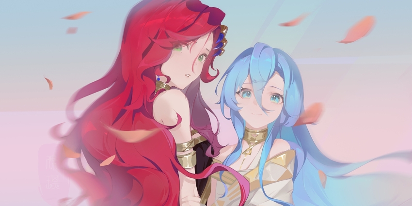 2girls, 37_(reverse:1999), ancient_greek_clothes, armlet, bare_shoulders, black_dress, blue_background, blue_eyes