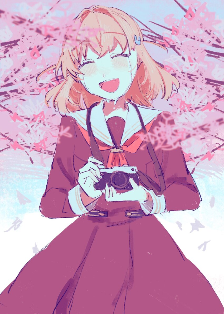 1girl, :d, ^_^, blush, brown_dress, camera, camera_around_neck, cherry_blossoms
