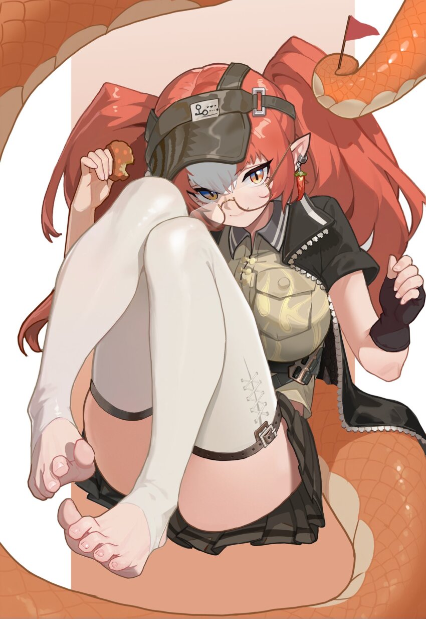 1girl, arknights, baimu_guai, black_gloves, black_skirt, breasts, chili_pepper_earrings, commentary_request, cookie, eating, feet, fingerless_gloves, flag, food, glasses, gloves, highres, holding, holding_cookie, holding_food, holding_with_tail, jacket, large_breasts, long_hair, looking_at_viewer, multicolored_hair, orange_hair, pleated_skirt, pointy_ears, prehensile_tail, reptile_girl, semi-rimless_eyewear, simple_background, skirt, slit_pupils, smile, snake_tail, solo, stirrup_legwear, tail, thick_tail, thighhighs, toeless_legwear, toenails, toes, two-tone_hair, under-rim_eyewear, visor_cap, white_background, white_hair, white_thighhighs, wulfenite_(arknights)