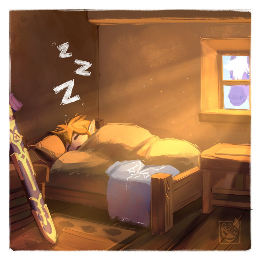 1boy, bed, blonde_hair, closed_eyes, epona, highres, link, looking_through_window