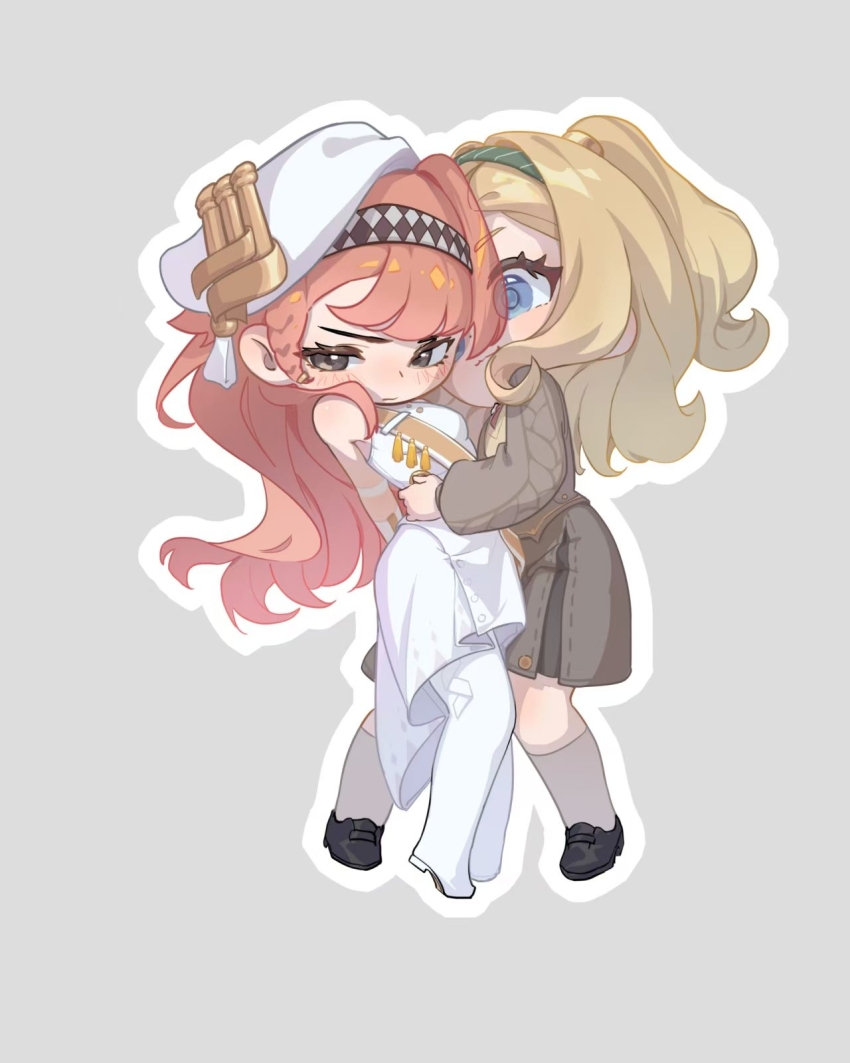 2girls, :3, arms_behind_back, bare_shoulders, beret, black_shoes, blonde_hair, blue_eyes