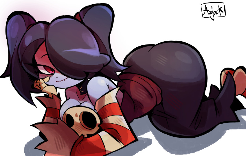 1girl, absurdres, all_fours, alternate_hairstyle, artist_name, ass, bare_shoulders, blue_hair, blue_skin, breasts, colored_skin, commentary, detached_collar, detached_sleeves, dress, elbow_rest, english_commentary, hair_over_one_eye, half-closed_eye, highres, large_breasts, long_hair, long_skirt, looking_at_viewer, moody_azz, no_shoes, pear-shaped_figure, red_dress, red_eyes, red_sleeves, red_socks, shadow, side_ponytail, simple_background, skeletal_hand, skirt, skull, skullgirls, smile, socks, solo, squigly_(skullgirls), stitched_mouth, stitches, striped_clothes, striped_sleeves, striped_socks, twintails, white_background, white_sleeves, white_socks, wide_hips, zombie