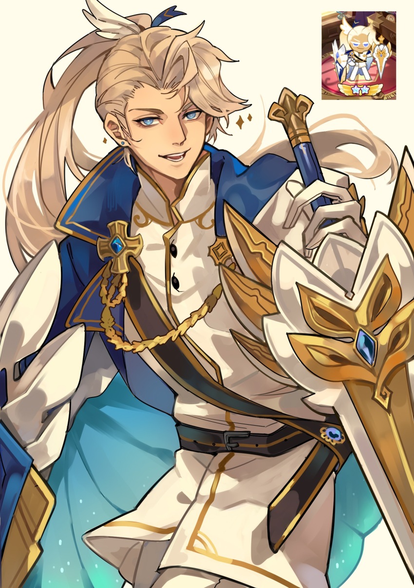 1boy, absurdres, blonde_hair, blue_cape, blue_eyes, cape, highres, holding