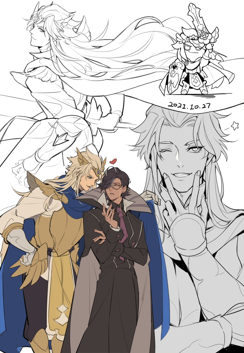 2boys, absurdres, black_coat, blonde_hair, brown_hair, chinese_commentary, coat, commentary_request, cookie_run, cookie_run:_kingdom, dark-skinned_male, dark_skin, espresso_cookie, glasses, highres, long_hair, madeleine_cookie, male_focus, multiple_boys, pants, saka_wu_lu_ke_nanmin, short_hair, yaoi