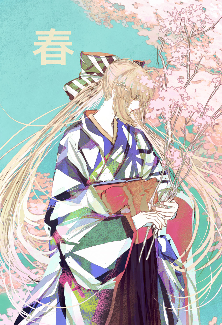 1girl, absurdres, ahoge, aqua_background, artoria_caster_(fate), artoria_caster_(springtime_koto_strings)_(fate), artoria_pendragon_(fate), blonde_hair