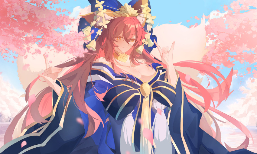 1girl, animal_ear_fluff, animal_ears, blue_kimono, blue_sky, blush, bow, breasts, cleavage, cloud, double_fox_shadow_puppet, fate/extra, fate/grand_order, fate_(series), flower, fox_ears, fox_girl, fox_shadow_puppet, fox_tail, hair_bow, highres, japanese_clothes, kimono, kuaixueshiqing260, large_breasts, long_hair, looking_at_viewer, pink_flower, pink_hair, ribbon, sky, smile, solo, tail, tamamo_no_mae_(fate), tree, yellow_eyes