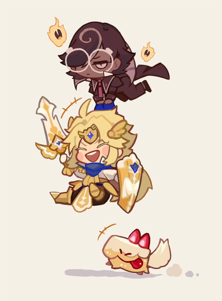 2boys, blonde_hair, brown_hair, cake_hound, commentary_request, cookie_run, cookie_run:_kingdom, cream_cake_hound