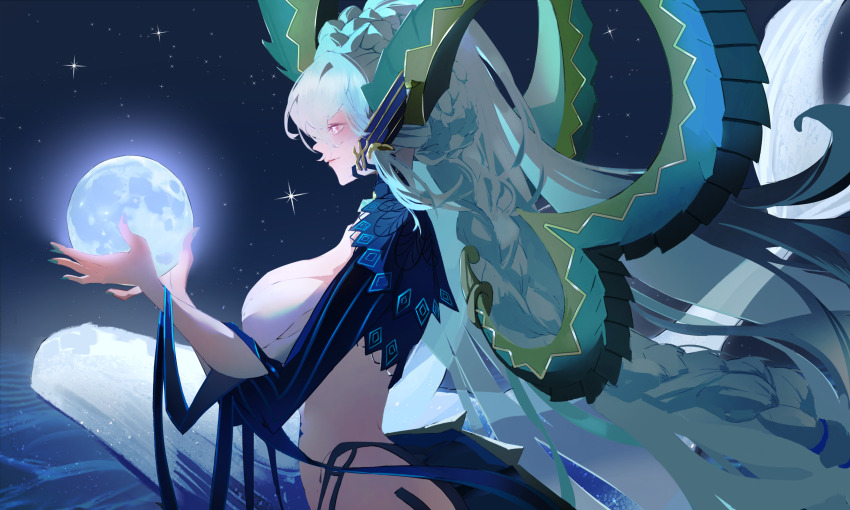 1girl, absurdres, aqua_hair, braid, breasts, cleavage, curled_horns, fate/grand_order