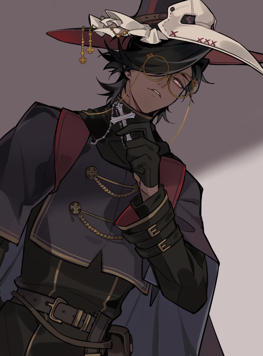 1boy, absurdres, alternate_costume, brown_hair, commentary_request, cookie_run, cookie_run:_kingdom, dark-skinned_male, dark_skin, espresso_cookie, glasses, hat, highres, looking_at_viewer, male_focus, saka_wu_lu_ke_nanmin, solo