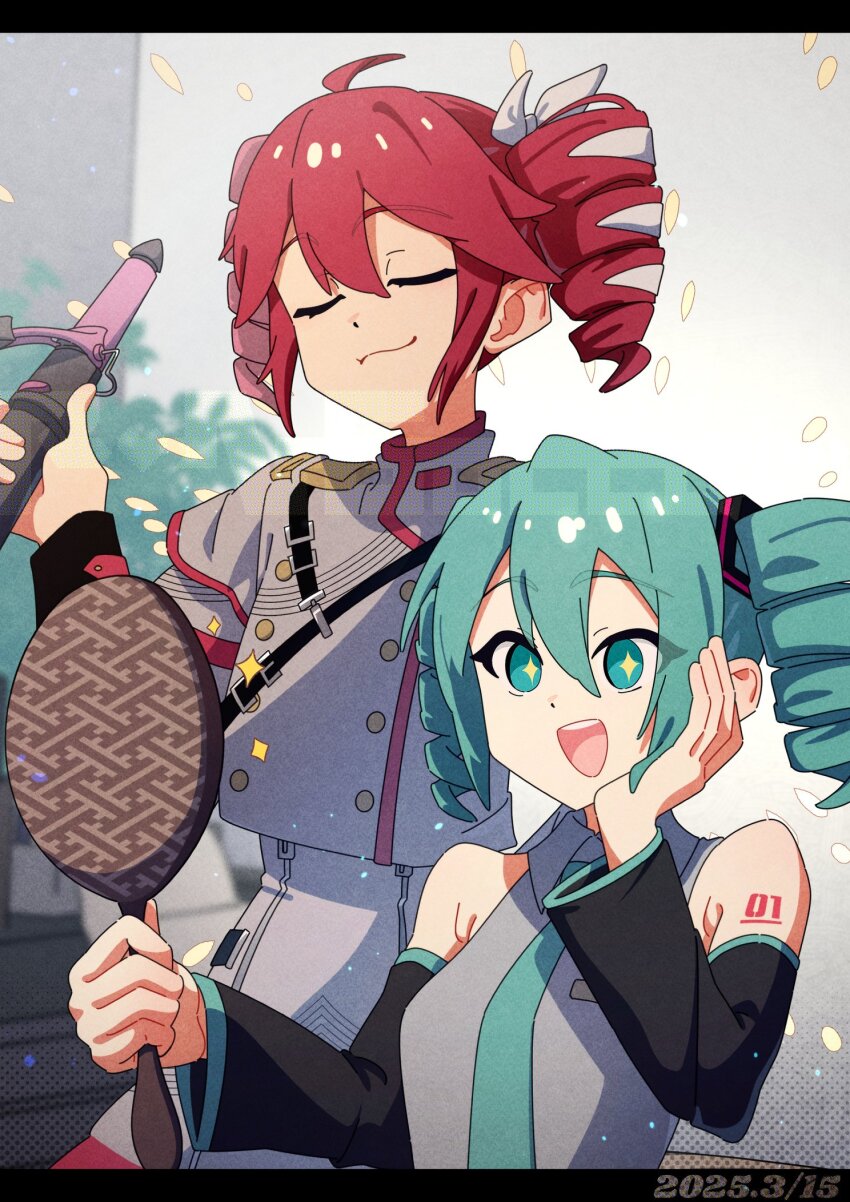 +_+, 2girls, ahoge, alternate_hairstyle, armpit_crease, bare_shoulders, belt, black_belt, black_sleeves, blue_necktie, bow, buttons, closed_eyes, curling_iron, detached_sleeves, double-breasted, drill_hair, fin_gocco, grey_jacket, grey_shirt, grey_skirt, hair_between_eyes, hair_bow, hair_ribbon, hand_mirror, hand_on_own_hip, hatsune_miku, highres, holding, holding_curling_iron, holding_microphone, jacket, kasane_teto, kasane_teto_(sv), layered_sleeves, letterboxed, microphone, mirror, multiple_girls, necktie, number_tattoo, open_mouth, red_tattoo, red_trim, ribbon, shirt, shoulder_belt, shoulder_boards, shoulder_tattoo, skirt, smile, striped_clothes, striped_jacket, synthesizer_v, tattoo, teeth, tongue, twin_drills, upper_teeth_only, utau, vocaloid, white_bow, white_ribbon