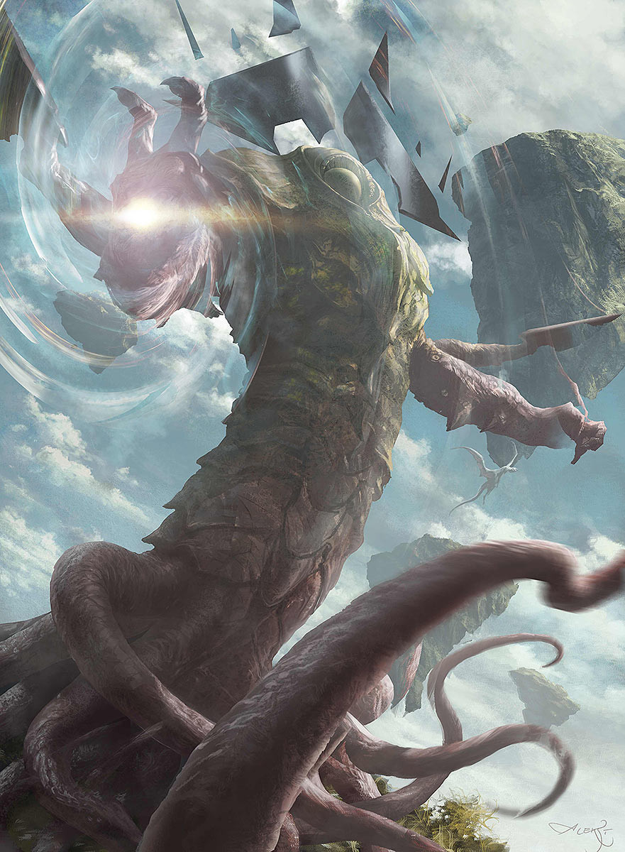 aleksi_briklot, artist_name, carapace, clawed_hands, cloud, cloudy_sky, commentary, day, dragon, eldritch_abomination, english_commentary, extra_arms, floating_rock, glowing, glowing_hand, grass, highres, kozilek_butcher_of_truth, magic, magic:_the_gathering, monster, no_humans, official_art, orb, outdoors, rock, signature, sky, tentacles