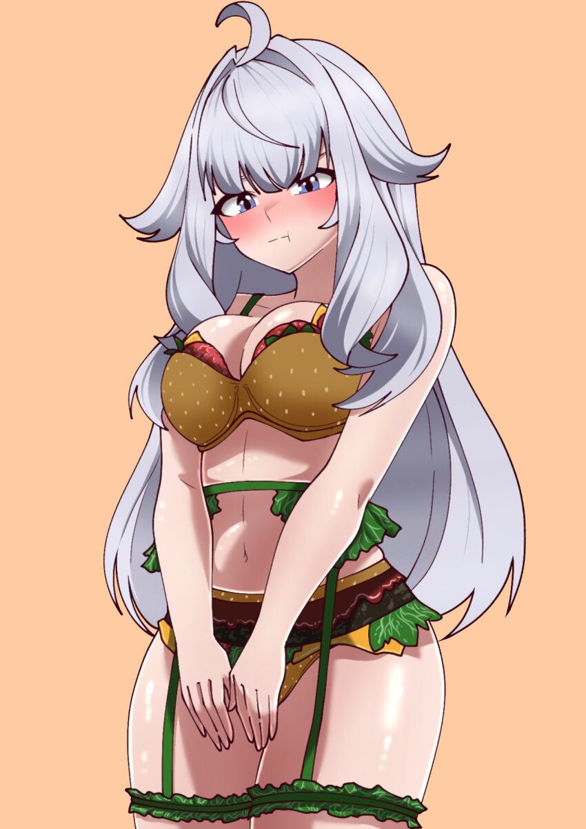 1girl, :t, ahoge, bikini, binsake6969, blue_eyes, blush, breasts