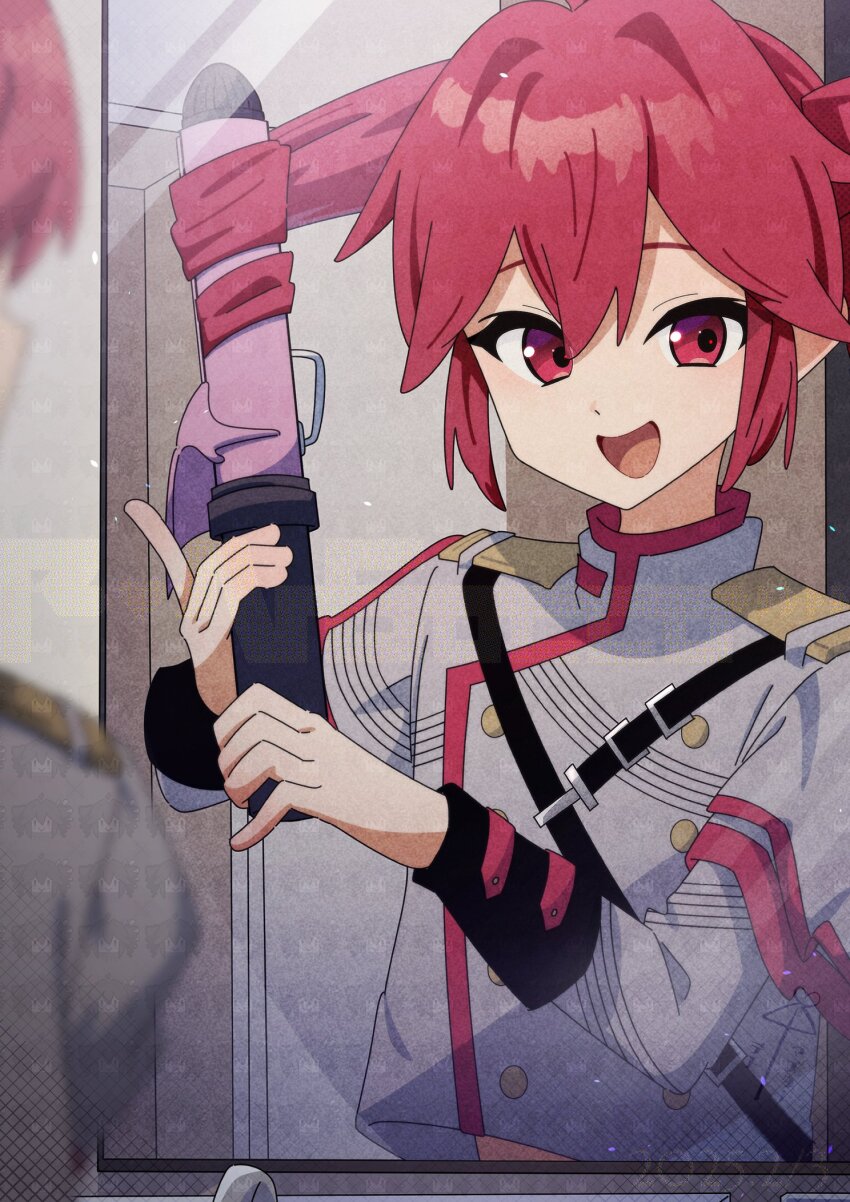 1girl, belt, black_belt, buttons, commentary_request, curling_iron, double-breasted, double-parted_bangs