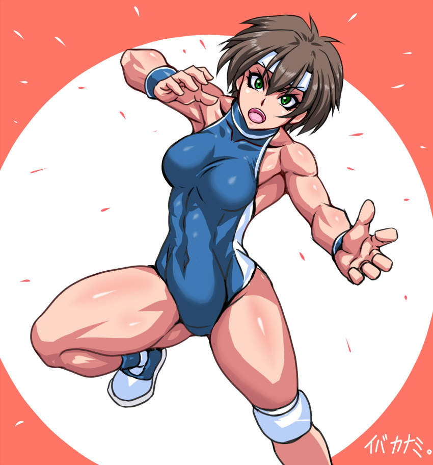 boots, brown_hair, green_eyes, headband, highres, kannai_iba, leotard, shiny_skin, taroimo_(00120014), wristband
