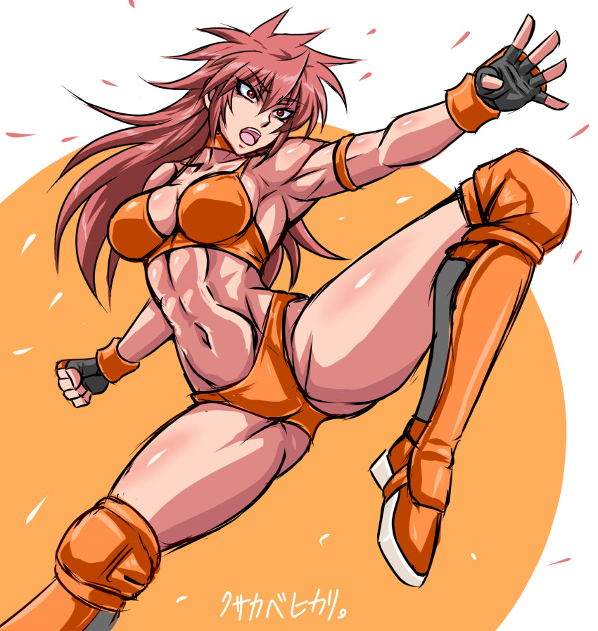 1girl, abs, boots, gloves, highres, kusakabe_hikari, long_hair, navel