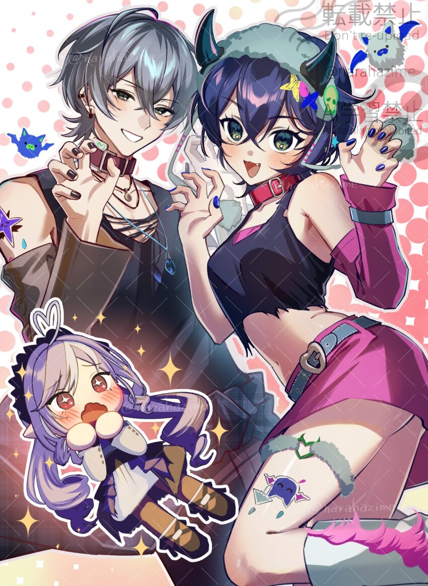 1boy, 2girls, ahoge, belle_(zenless_zone_zero), belt, black_nails, blue_eyes, blue_hair