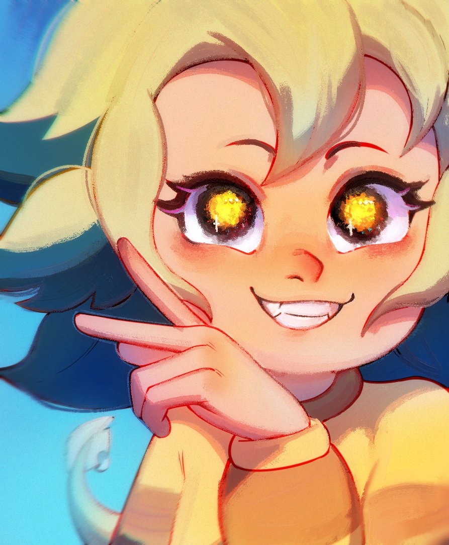 1girl, amba_si, black_eyes, blonde_hair, blue_hair, fangs, grin, long_sleeves