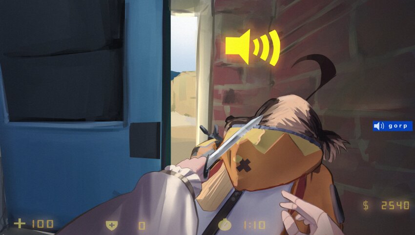 2girls, absurdres, brown_hair, cecilia_immergreen, cecilia_immergreen_(1st_costume), counter-strike, counter-strike_(series), door