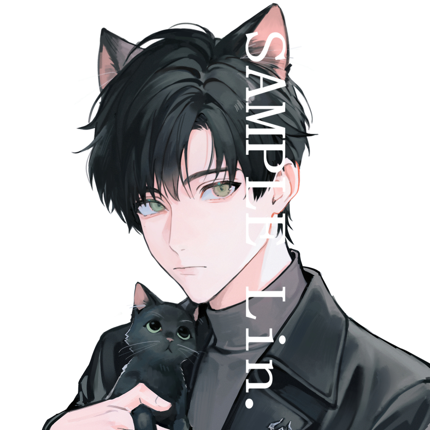 1boy, aegyo_sal, animal, animal_ear_fluff, animal_ears, black_cat, black_hair, black_jacket