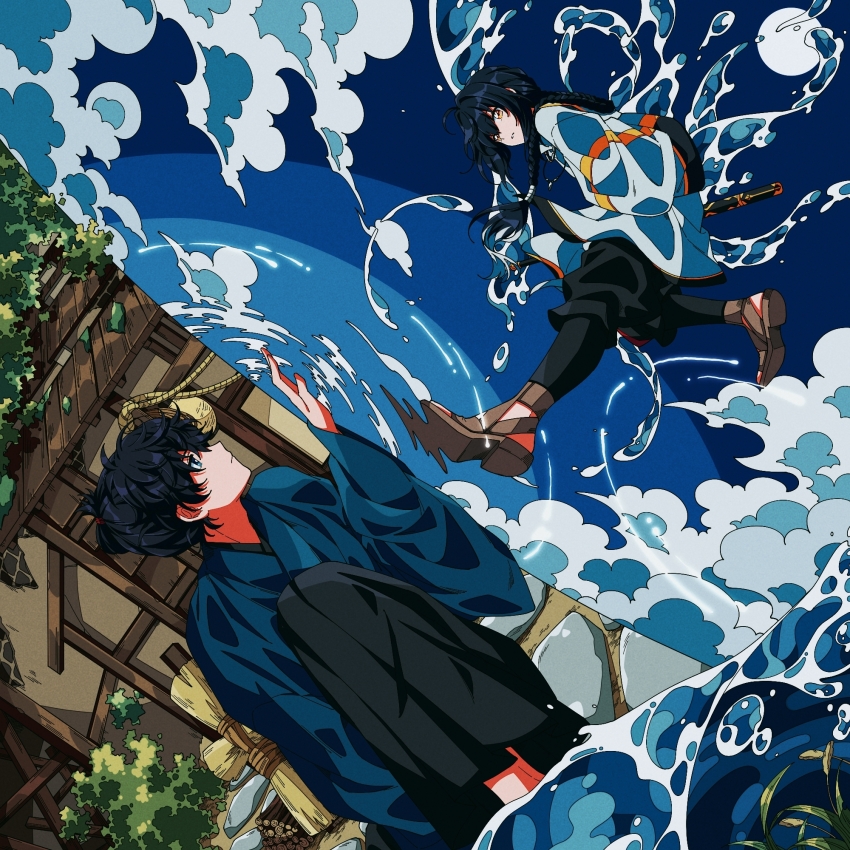 1boy, 1other, ahoge, amulet, androgynous, black_hair, black_hakama, blue_eyes