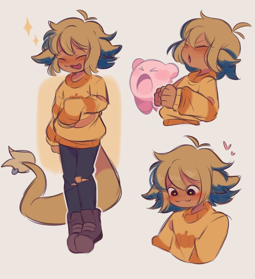 1girl, :o, black_eyes, blonde_hair, blue_hair, blush, boots, closed_eyes, fafameow, full_body, happy, heart, highres, kirby, kirby_(series), long_sleeves, multiple_views, nintendo, open_mouth, pants, short_hair, sparkle, sweater, tail, the_owl_house, vee_(the_owl_house), white_background, yellow_pupils, yellow_sweater