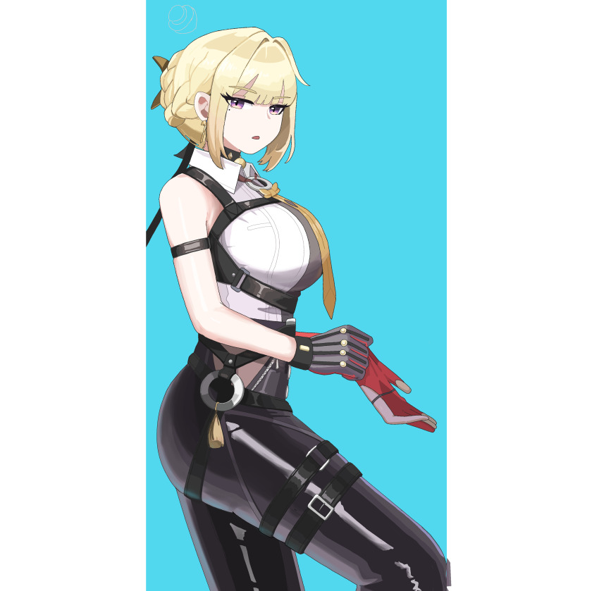 1girl, absurdres, bare_shoulders, blonde_hair, braid, breasts, commentary, earrings