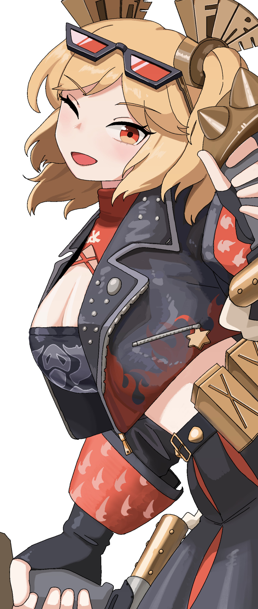 1girl, ;d, absurdres, belt, black_gloves, blonde_hair, blush, breasts, burnice_white, cleavage, commentary, dual_wielding, english_commentary, eyewear_on_head, fingerless_gloves, gloves, highres, holding, holding_weapon, jacket, looking_at_viewer, midriff, one_eye_closed, open_mouth, red_eyes, simple_background, smile, solo, stag1215, sunglasses, turtleneck, weapon, white_background, zenless_zone_zero